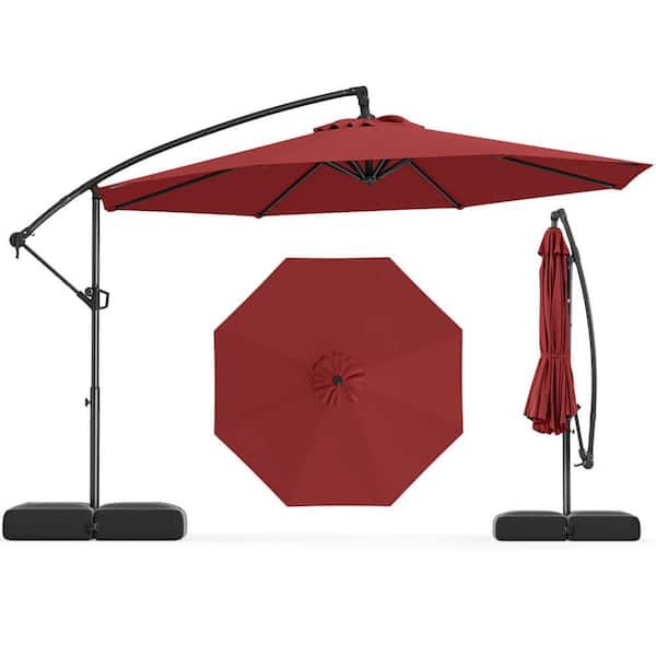 Costway 10 ft. Metal Tilt Cantilever Patio Umbrella Offset Hanging Umbrella with Base 360° Rotation in Red