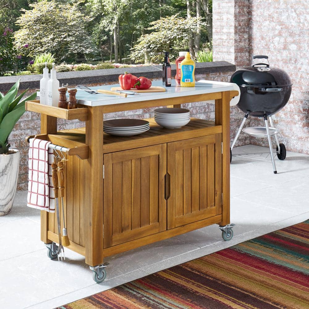 Golden Teak Acacia Wood Kitchen Cart with Spice Rack and Storage