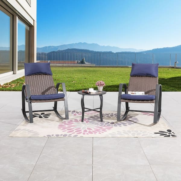 TOP HOME SPACE 3-Piece Wicker Rocker Chairs Outdoor Bistro Set Patio Conversation Set with Blue Cushions