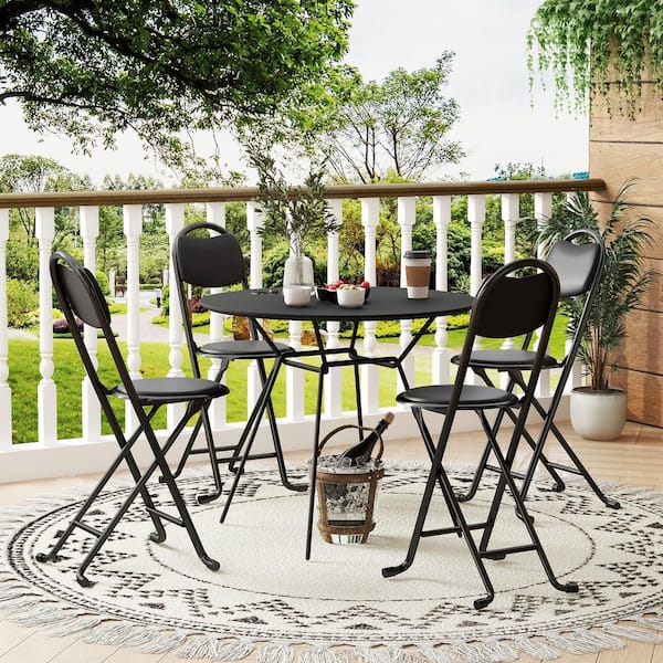 Metal Outdoor Folding Dining Chair Set with Black Cushion, Portable Padded Stool for Patio Living Room Office (4-Pack)