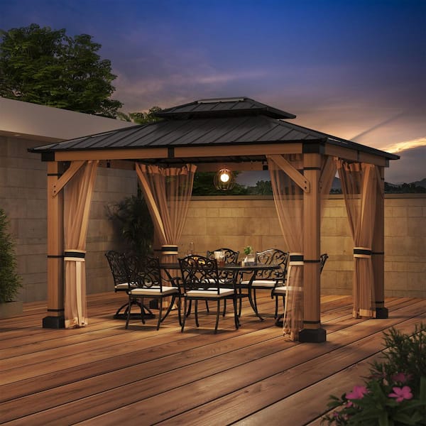 10 ft. x 12 ft. Cedar Solid Wood Frame, Galvanized Steel Double Top Gazebo With Mosquito Net