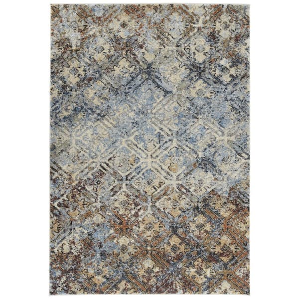 5 X 8 Blue, Ivory Geometric Runner Rug