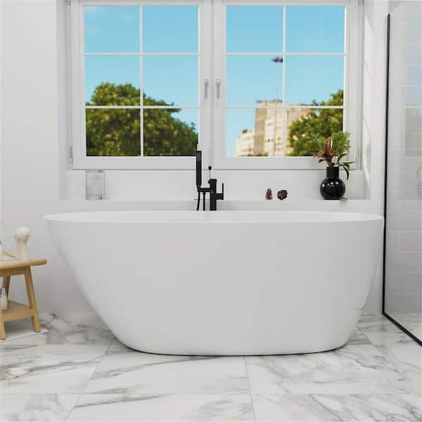 Mokleba 59 in. H Acrylic Flatbottom Single Slipper Bathtub Freestanding Soaking Bathtub in Glossy White