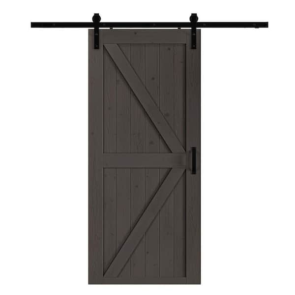 60 in. W. x 84 in. K-Plank Natural Solid Wood Finished Brown Interior Sliding Barn Door with Hardware Kit