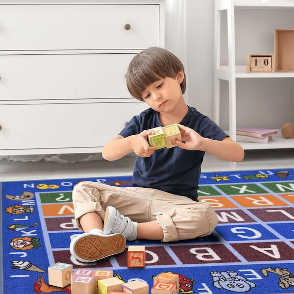 Kid's Collection Non-Slip Rubberback Educational Alphabet 3x5 Area Rug, 3 ft. 3 in. x 5 ft., Blue