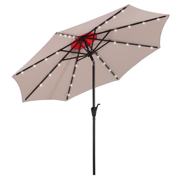 Siavonce 9 ft. Steel Pole Outdoor Market Button Tilt and Crank Patio Umbrella in Taupe and Red with 32 LED Solar Lights