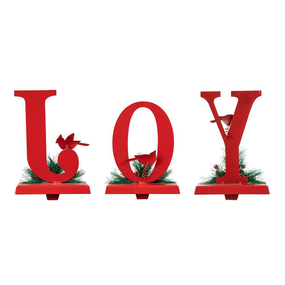 Red Metal JOY Christmas Stocking Holders with Cardinals
