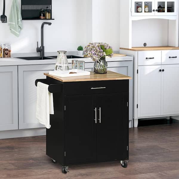 Ziyudura Black Rubber Wood Veneer 56 in. Kitchen Island with Adjustable Shelf, 1-Door Shelves, 4-Wheels with Deep Drawers