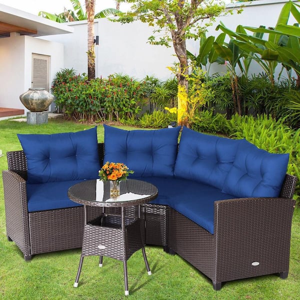 4-Piece Wicker Rectangular Patio Conversation Set with Navy Cushions