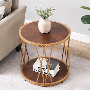 Twisty Metalwork 22 in. Antique Cherry Round Wood End Table with 2 Storage Shelves