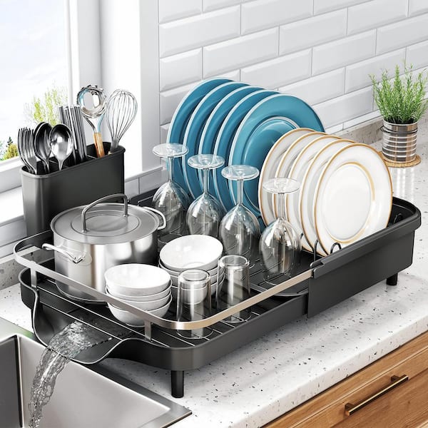 Numhew Black Stainless Steel Dish Drying Rack, Expandable Dish Rack with Drainboard Set and Utensil Holder