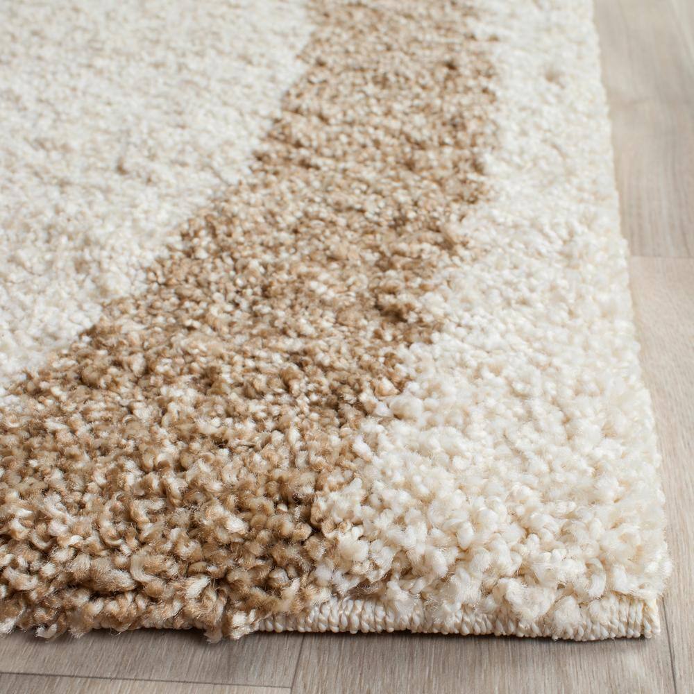 Cream and Dark Brown Rectangular Shag Rug, 4' x 6'