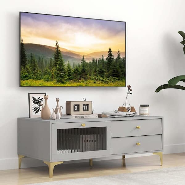 Costway Gray TV Stand Fits TV's Up to 55 in. with Drop Down Door Cabinet 2-Storage Drawers