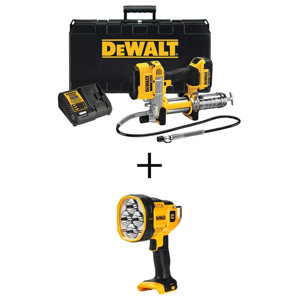 DEWALT 20V MAX Cordless 10,000 PSI Variable Speed Grease Gun and LED Jobsite Spotlight with (1) 20V 4.0Ah Battery, and Charger