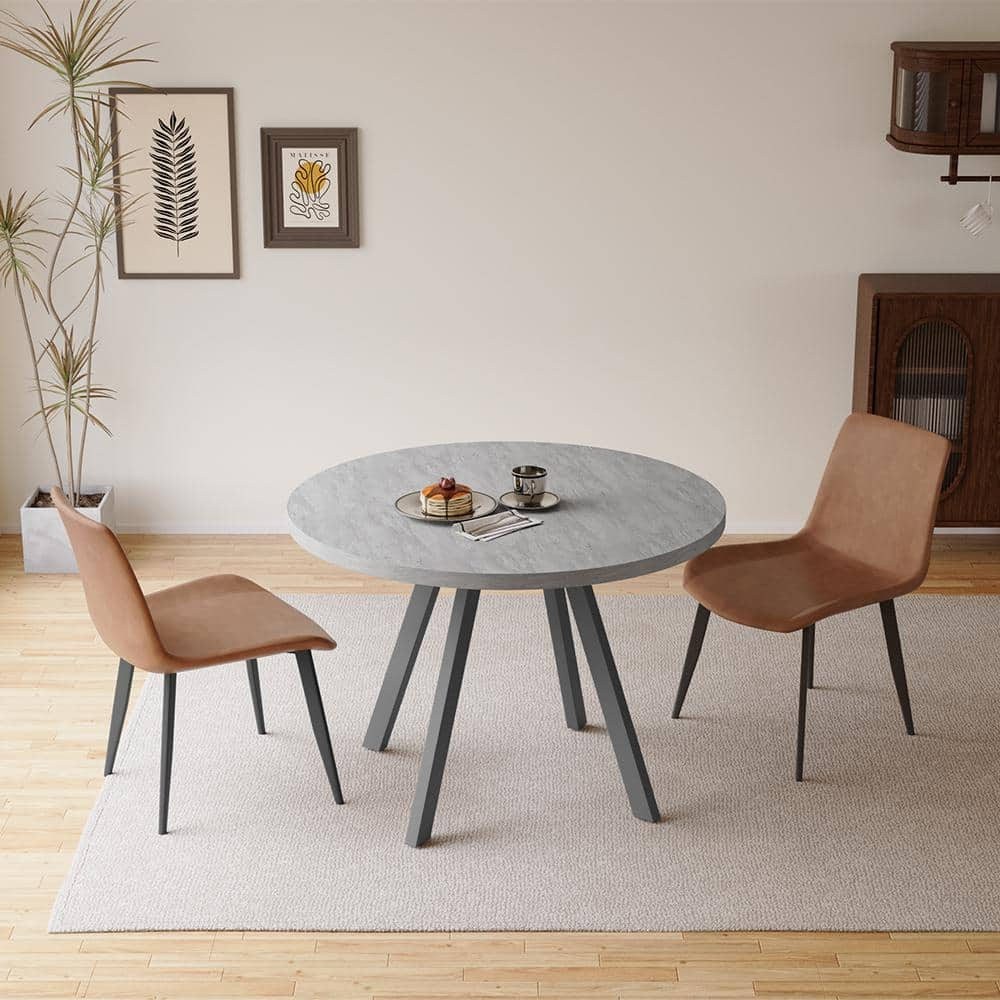 3-Piece Gray Round Dining Table Set MDF Dining Table with 2 Brown Dining Chairs -  GOJANE, W29933663LWY