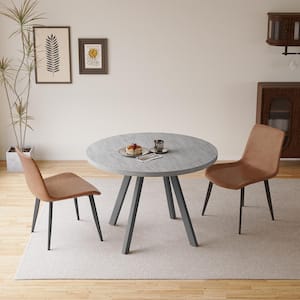 3-Piece Gray Round Dining Table Set MDF Dining Table with 2 Brown Dining Chairs