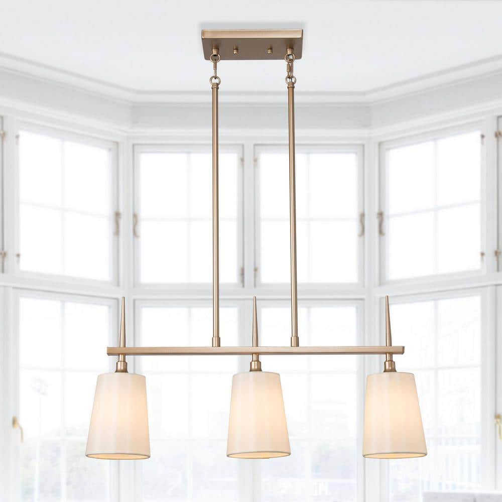 3-Light Satin Gold Island Chandelier with White Fabric Shade Perfect for Mo