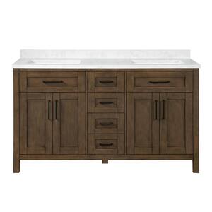 Tahoe 60 in. W Bath Vanity in Almond Latte with Cultured Marble Vanity Top in White with White Basins and Power Bar