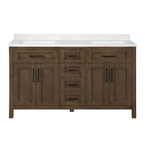 Tahoe 60 in. W x 21 in. D x 34 in. H Double Sink Bath Vanity in Almond Latte with White Engineered Marble Top and Outlet
