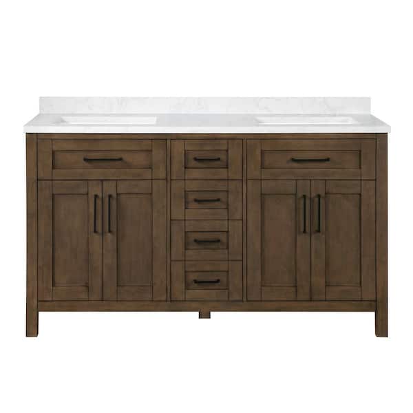 Tahoe 60 in. Double Sink Almond Latte Bath Vanity with White Engineered Marble Top and Integrated Outlet (Assembled)