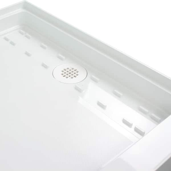 Woodbridge Krasik 60 in. L x 30 in. W Alcove Solid Surface Shower Pan Base with Left Drain in White with Chrome Cover, White with Chrome Drain Cover