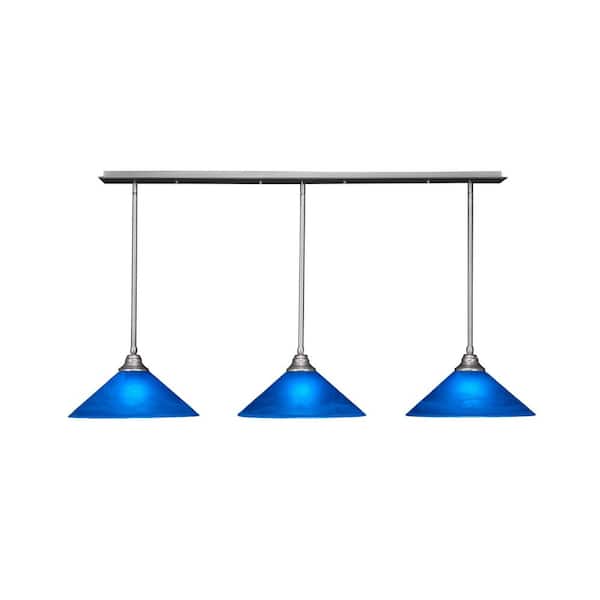 Unbranded Livingston 100-Watt 3 Light Brushed Nickel Linear Pendant Light with 16 in. Blue Italian Glass Shades No Bulbs Included