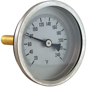 Hot Water Thermometer Liquid 2.5'' Aluminum 8'' 40 / 280 F / C 1 / 2'' NPT  Lower Back