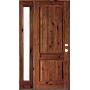 44 in. x 96 in. Rustic knotty alder Left-Hand/Inswing Clear Glass Red Chestnut Stain Wood Prehung Front Door w/Sidelite