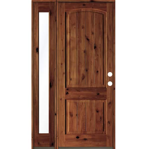 Krosswood Doors 46 in. x 96 in. Rustic knotty alder Left-Hand/Inswing Clear Glass Red Chestnut Stain Wood Prehung Front Door w/Sidelite