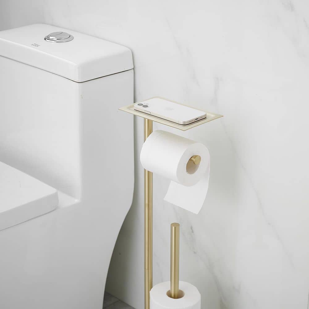Brushed Gold Freestanding Toilet Paper Holder with Storage Shelf