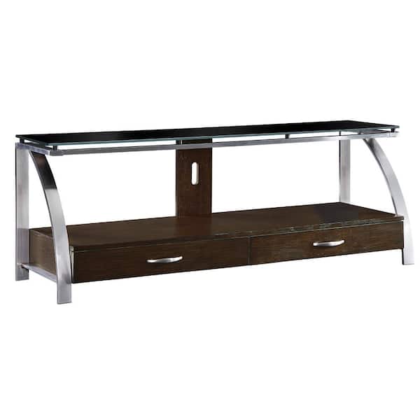 Benjara 60 in. Brown and Chrome Wood TV Stand Fits TVs up to 55 in. with 2 Drawer and Metal Support