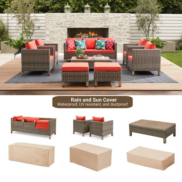 8-Piece Wicker Patio Conversation Set with Orange Cushions
