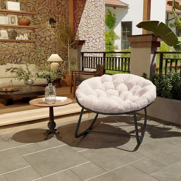 Cesicia Gray Metal Round Outdoor Rocking Chair with Beige Teddy Cushion