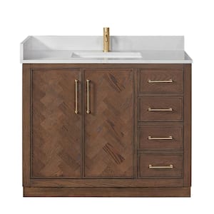 Jakarta 42 in. W. x 22 in. D x 33.9 in. H Single Bath Vanity in Aged Dark Brown Oak with Silk White Quartz Stone Top