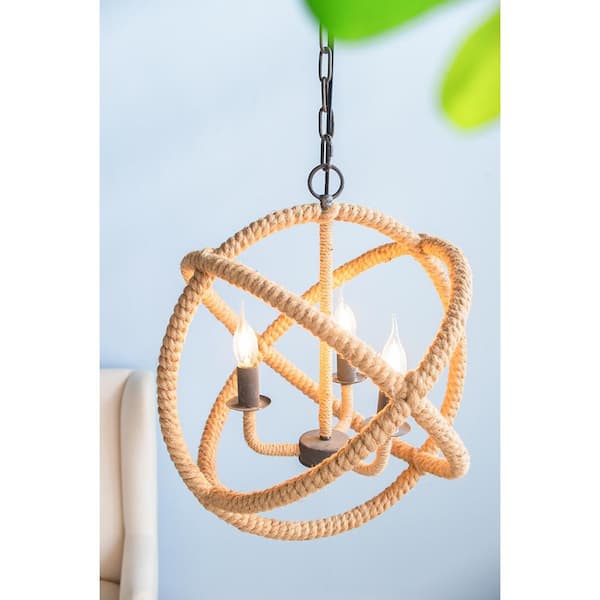 CottaIron 3-Light Rope Brown Globe Hanging Pendant with Adjustable Chain Chandelier for Hallway, with No Bulbs Included