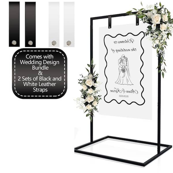 Black Wedding Sign Decorative Stand with Full-Grain Leather Straps and Design Bundle, 30 in. Stand for Welcome Signs