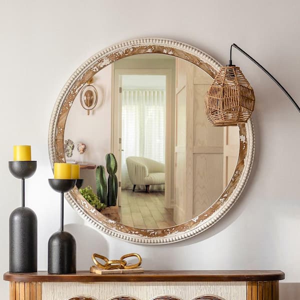 36 in. W x 36 in. H Round Antique Wood Finish Framed with White Beaded Accent Decorative Wall Mirror, Entry Way