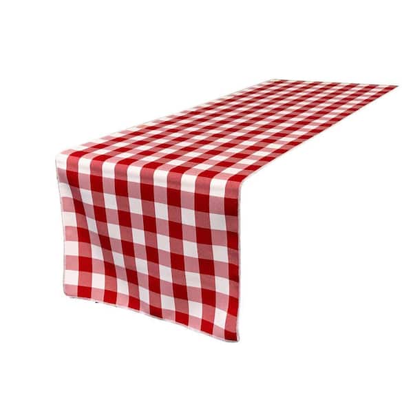 14 in. x 108 in. White and Red Polyester Gingham Checkered Table Runner