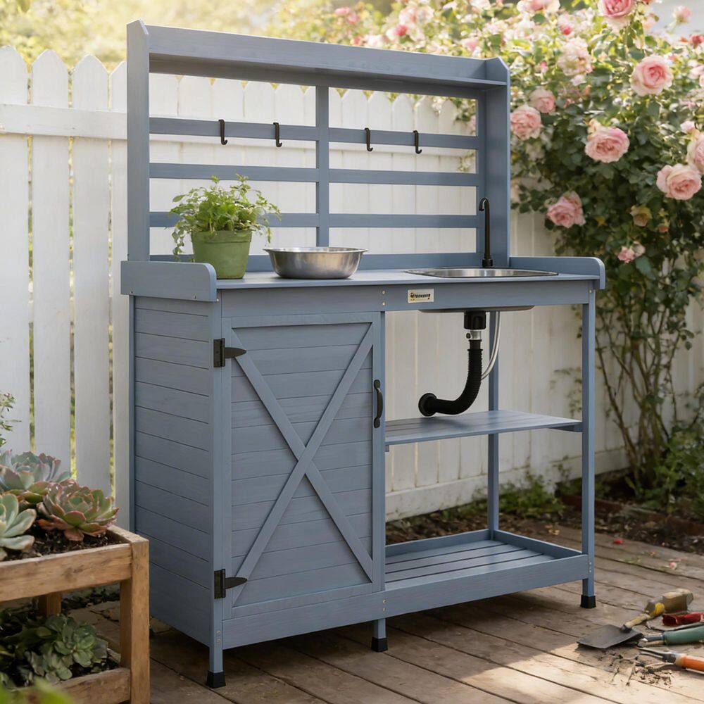 Gray Wooden Potting Bench Table Wood Table Top with Storage Shelves, Sink and Storage Cabinet price history on PriceWatchPro