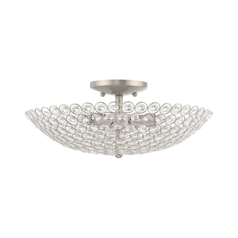Cassandra Brushed Nickel 3-Light Crystal Bowl Ceiling Mount