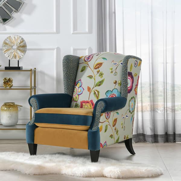 Anya Eclectic Floral Patchwork Boho Chic Wingback Large Living Room Lounge Accent Arm Chair