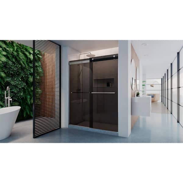 Dexterity 60 in. W x 76 in. H Semi-Frameless Sliding Bypass Shower Door in Brushed Nickel with Smoke Gray Glass