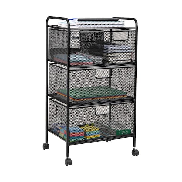4-Tier Metal 4-Wheeled Rolling Utility Storage Cart with Drawers in Black