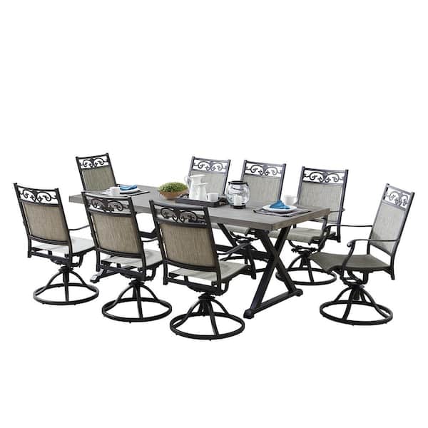 ULAX FURNITURE 9-Piece Cast Aluminum Outdoor Dining Set with 8 Swivel Chairs and Table
