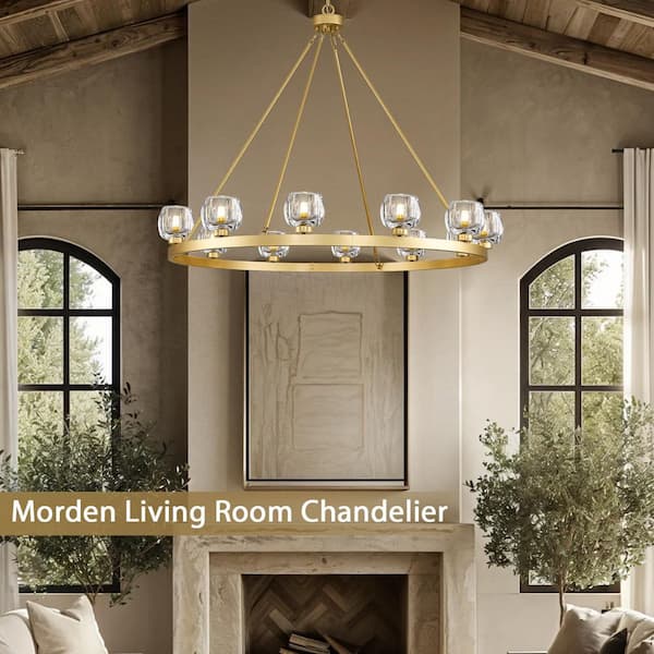 12 Lights 48 in. Dimmable LED Wagon Wheel Gold Chandelier with Glass Shade for Dinning Room Kitchen Island Foyer