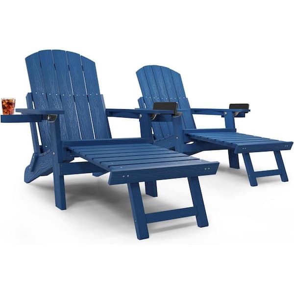 Navy Blue Outdoor Folding Adirondack Chair with Integrated Pullout Ottoman and Cup Holder (Set of 2)