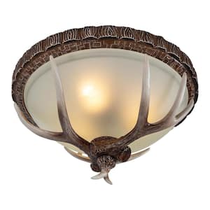 16.5 in. 3-Light Antique Colors Vintage Resin Antler Round Flush Mount Ceiling Light with Glass Lampshade