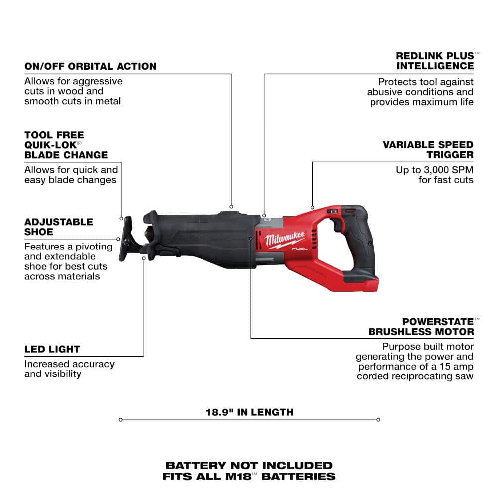 Milwaukee M18 FUEL 18V Lithium-Ion Brushless Cordless Super SAWZALL Orbital Reciprocating Saw (Tool-Only) 2722-20