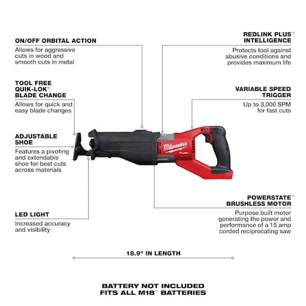 Milwaukee M18 FUEL 18V Lithium-Ion Brushless Cordless Super SAWZALL Orbital Reciprocating  Saw  High Output 12.0Ah Battery 2722-20-48-11-1812 The Home Depot
