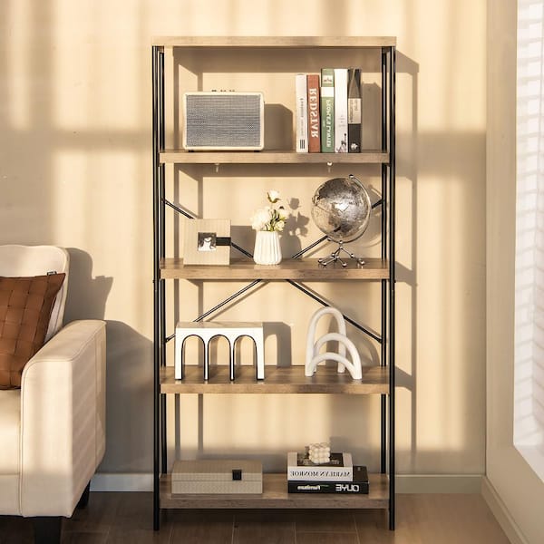 14 in. Wide 63 in. H Grey 5-Tier Rustic Industrial Bookshelf Wood Display Storage Rack with Metal Frame